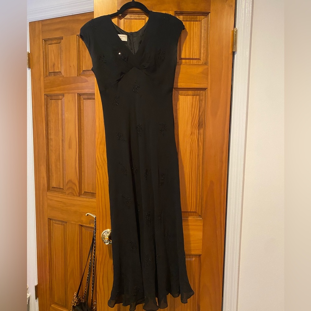 Jones New York Black Silk evening gown with beaded design.